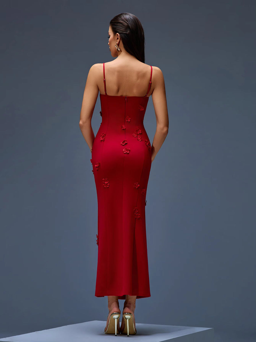 Elegant Red Bandage Dress with 3D Floral & Thigh Slit