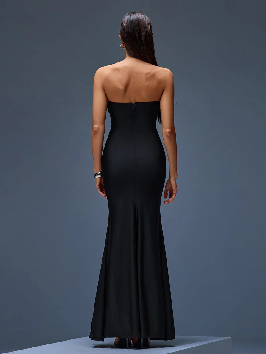 Black Strapless Feather Evening Dress