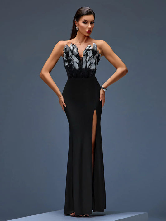 Black Strapless Feather Evening Dress