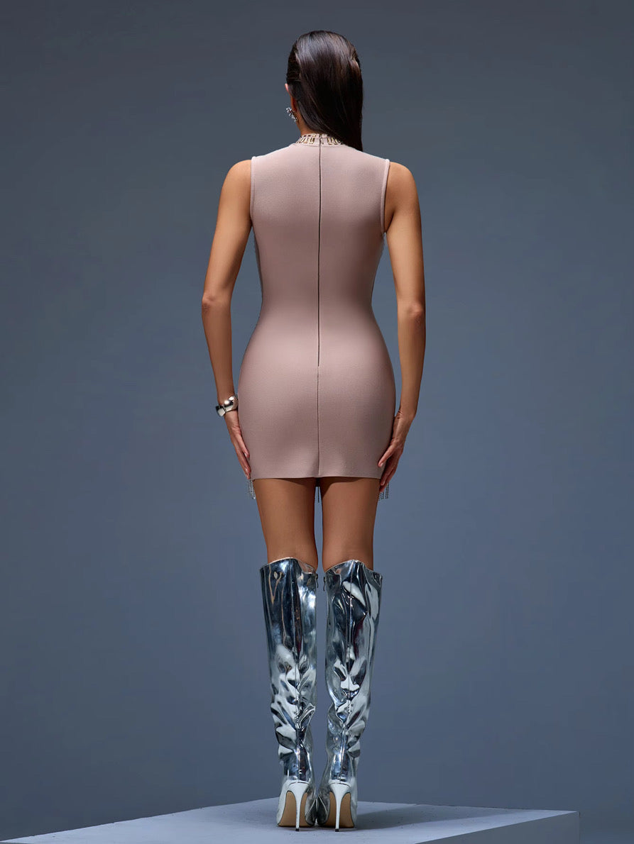 Crystal Embellished Deep V-Neck Mini Dress
