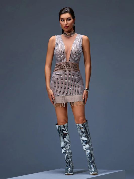 Crystal Embellished Deep V-Neck Mini Dress