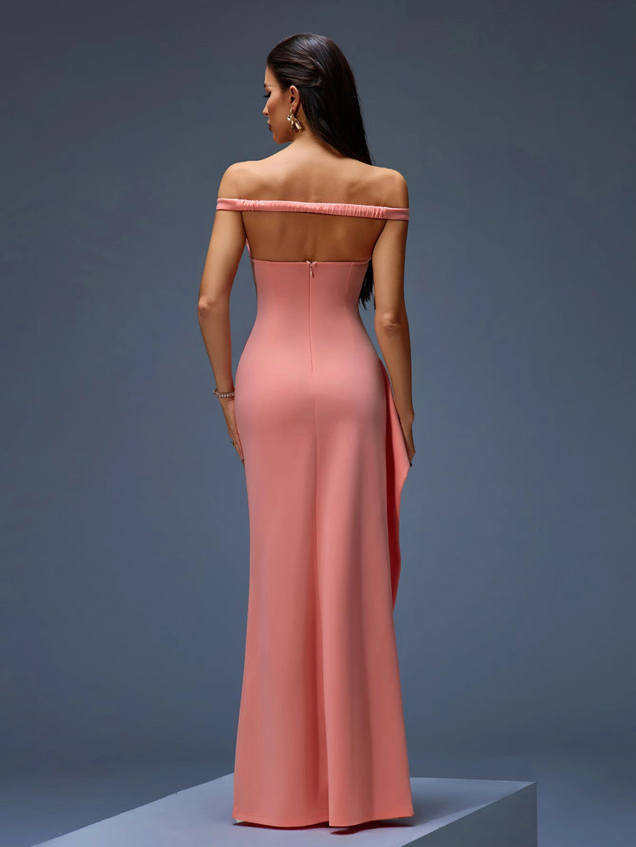 Peach Off-Shoulder Sweetheart Evening Gown with Thigh-High Slit