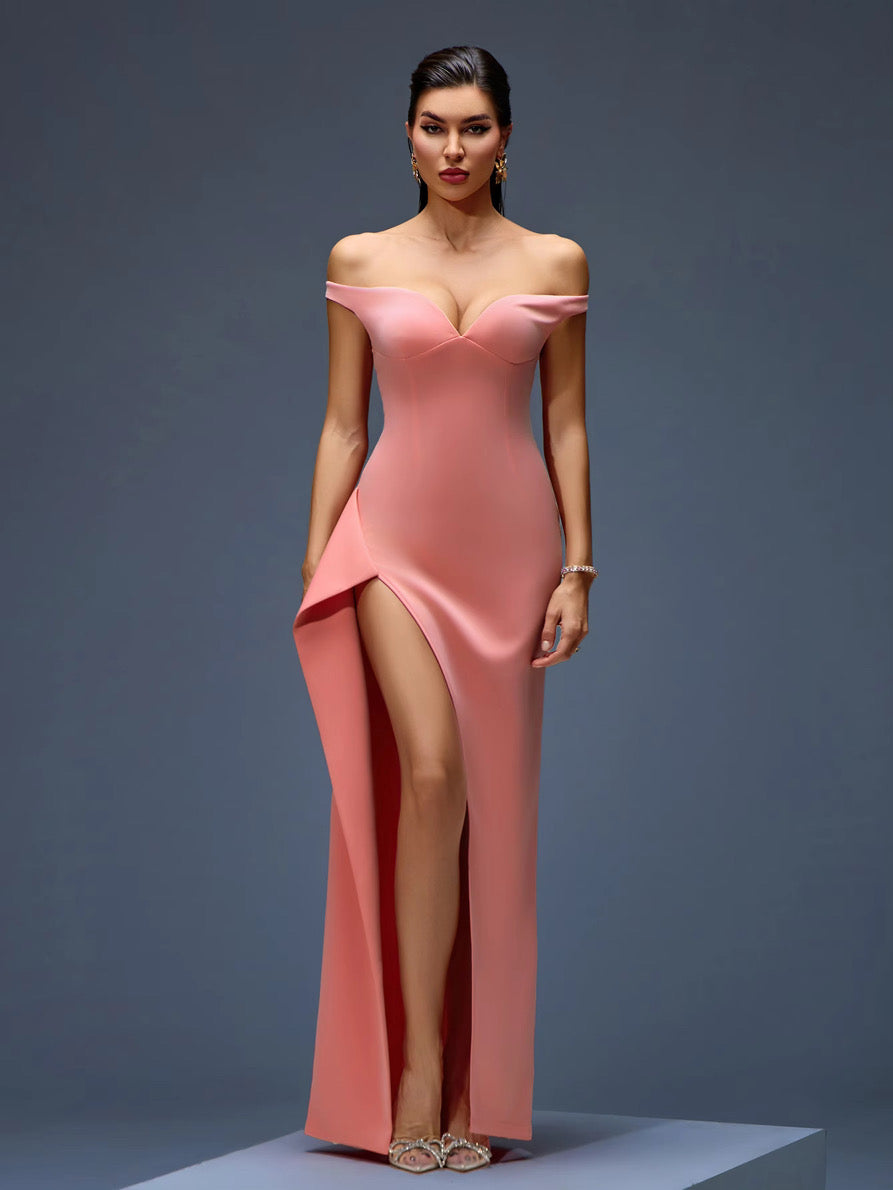 Peach Off-Shoulder Sweetheart Evening Gown with Thigh-High Slit