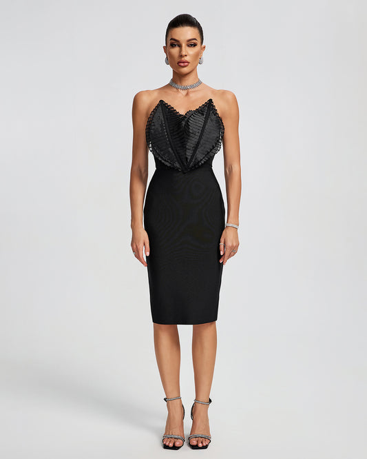 Elegant Strapless Leaves Corset Midi Dress