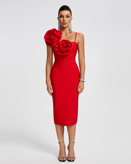 Bold Red Floral Applique Bandage Midi Dress