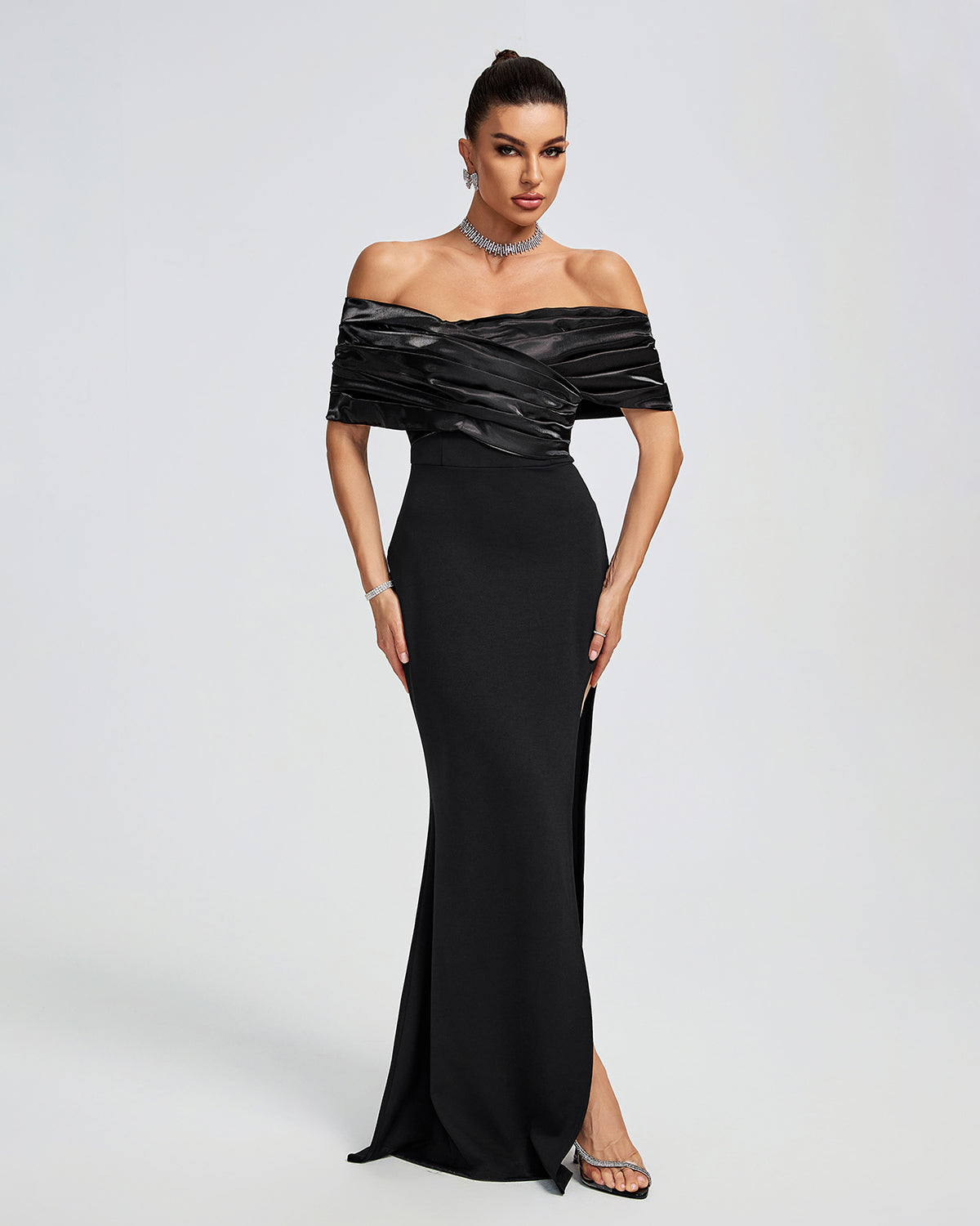 Draped Off The Shoulder Maxi Dress in Black