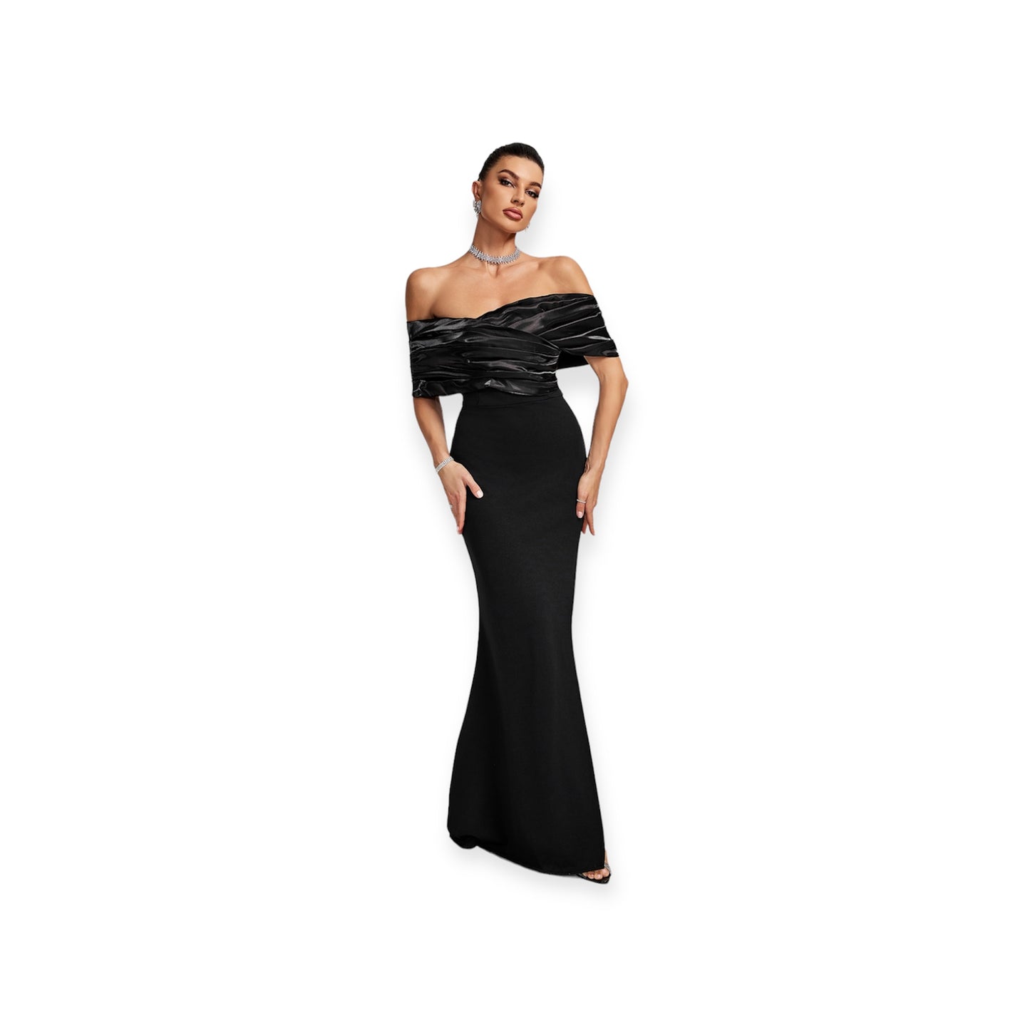 Draped Off The Shoulder Maxi Dress in Black