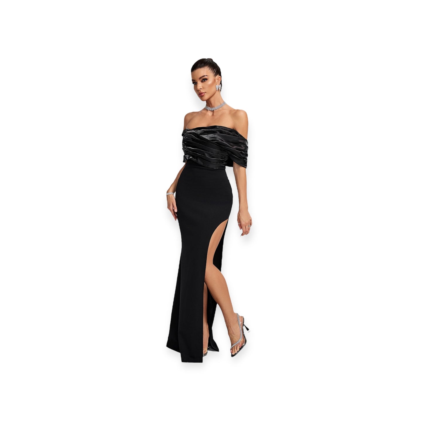 Draped Off The Shoulder Maxi Dress in Black