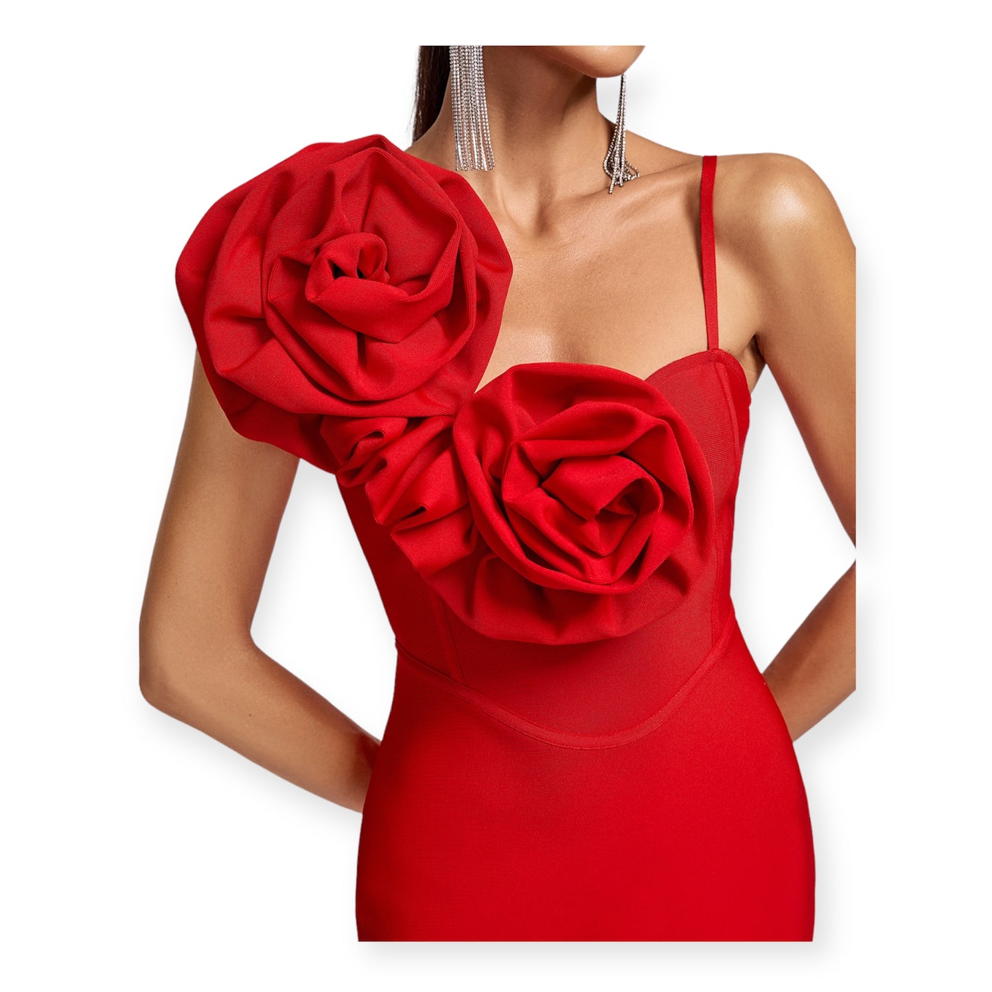 Bold Red Floral Applique Bandage Midi Dress