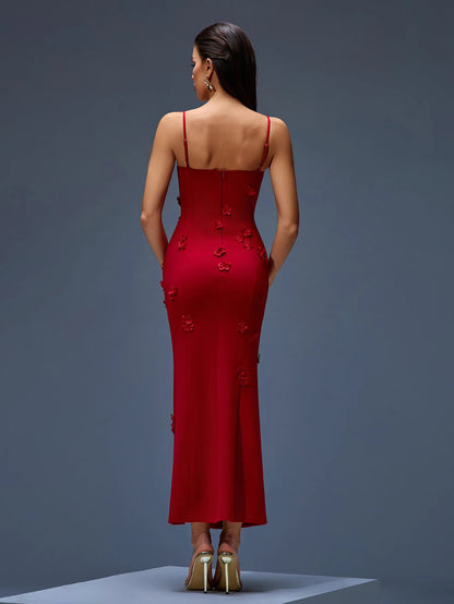 Elegant Red Bandage Dress with 3D Floral & Thigh Slit