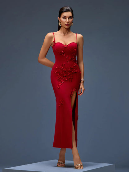 Elegant Red Bandage Dress with 3D Floral & Thigh Slit