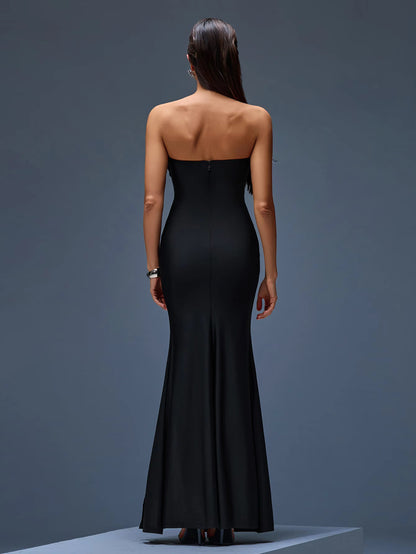Black Strapless Feather Evening Dress