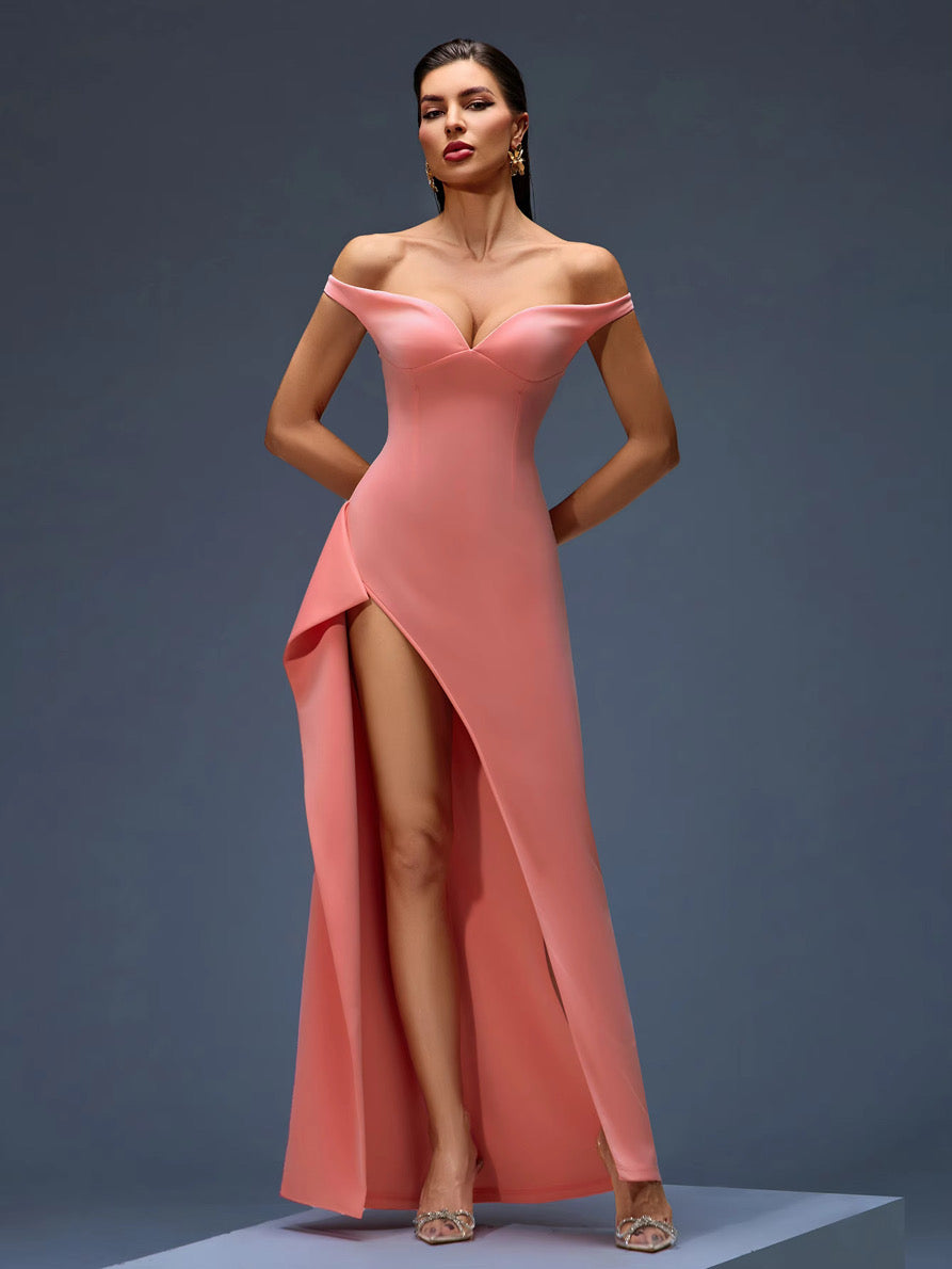 Peach Off-Shoulder Sweetheart Evening Gown with Thigh-High Slit