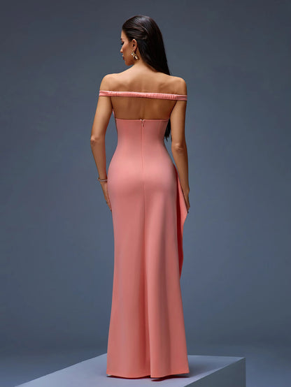 Peach Off-Shoulder Sweetheart Evening Gown with Thigh-High Slit