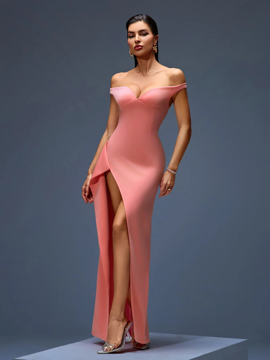 Peach Off-Shoulder Sweetheart Evening Gown with Thigh-High Slit