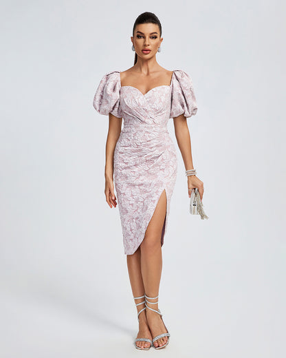 Elegant Puff Sleeve Split Midi Dress in Pink