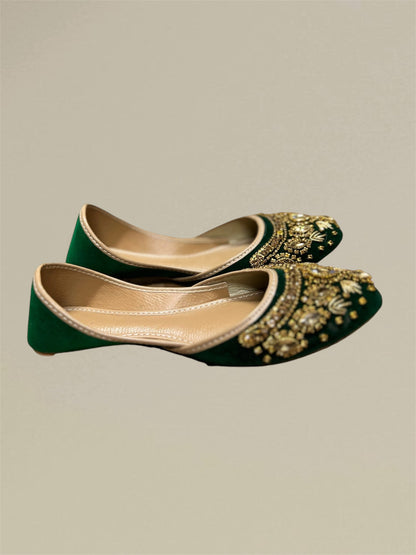 Exquisite Handcrafted Velvet Flats with Golden Beads & Crystals (Payzar)