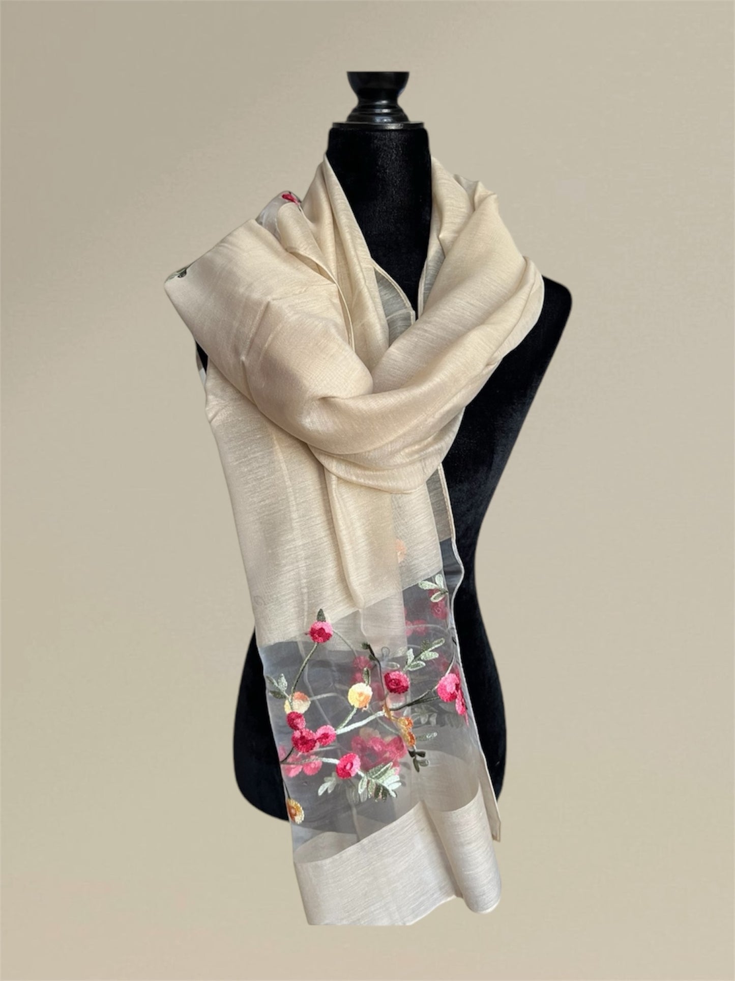 Imitated silk embroidered flower scarf