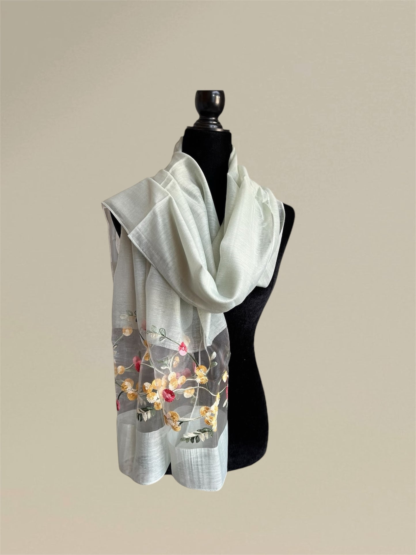 Imitated silk embroidered flower scarf