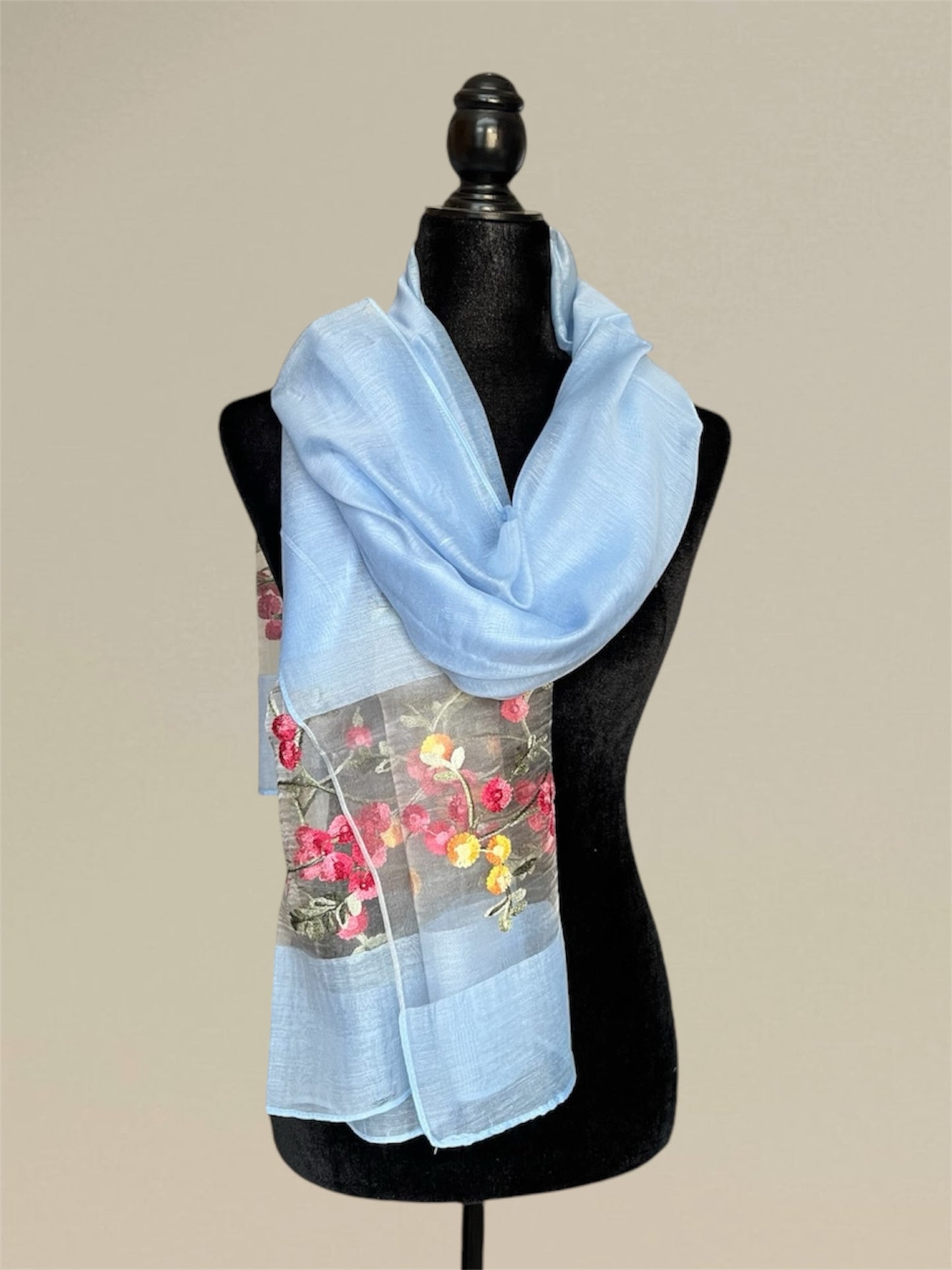 Imitated silk embroidered flower scarf