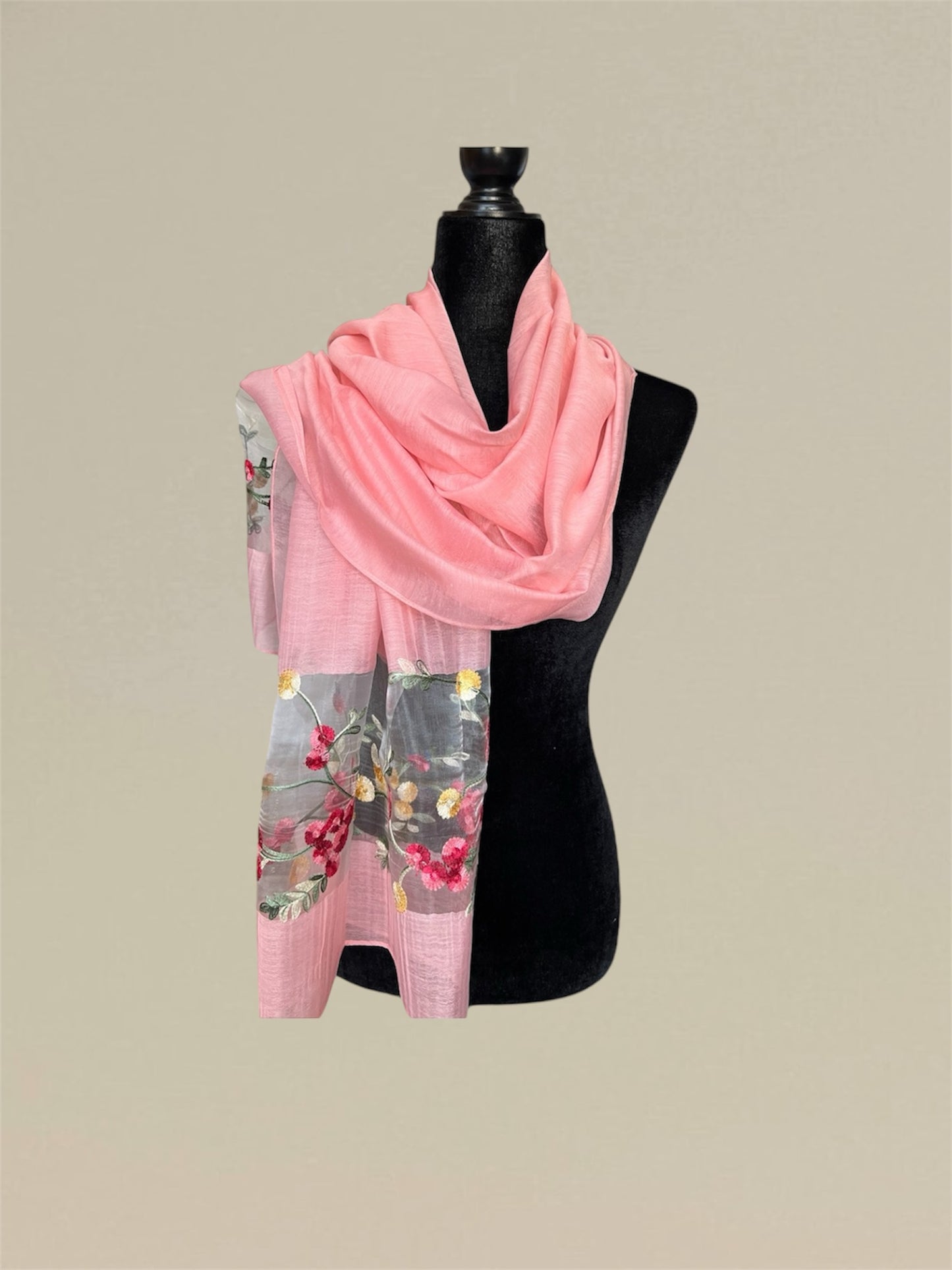 Imitated silk embroidered flower scarf