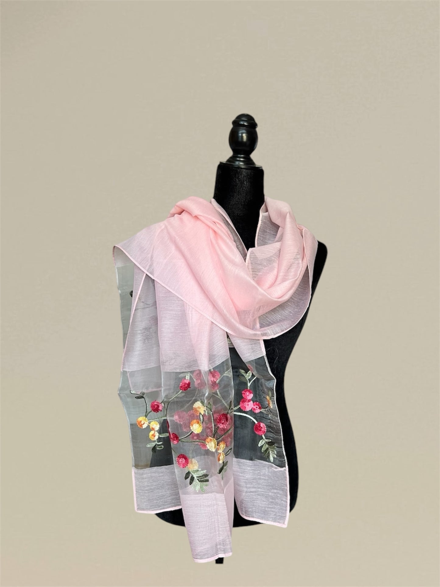 Imitated silk embroidered flower scarf