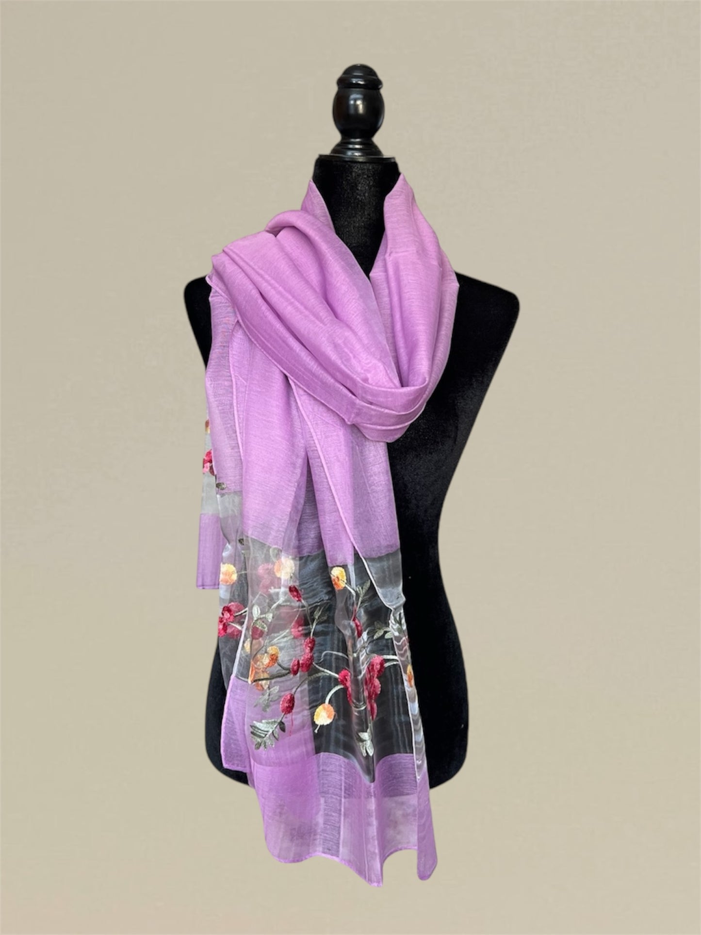 Imitated silk embroidered flower scarf