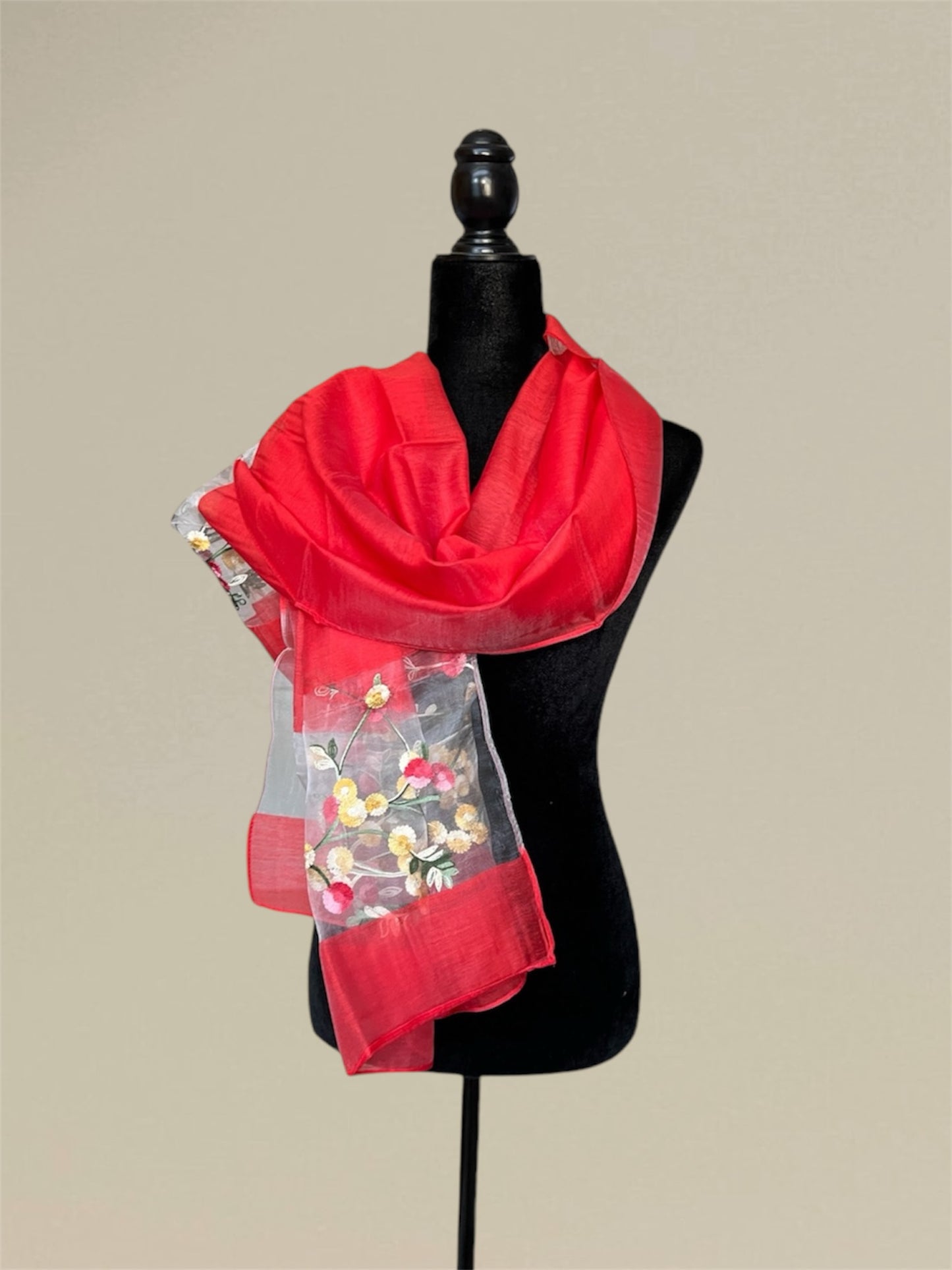 Imitated silk embroidered flower scarf