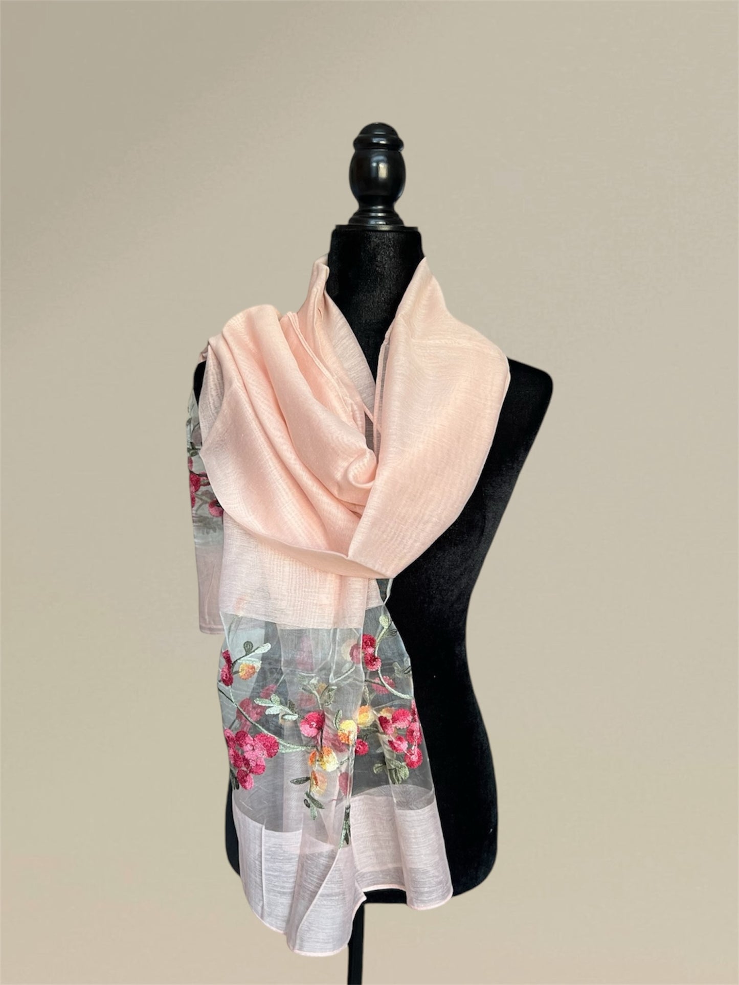 Imitated silk embroidered flower scarf